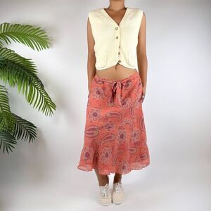 Vintage Y2K Pink Paisley Cottagecore Low Rise Boho Fairycore Midi Skirt / Sz: L